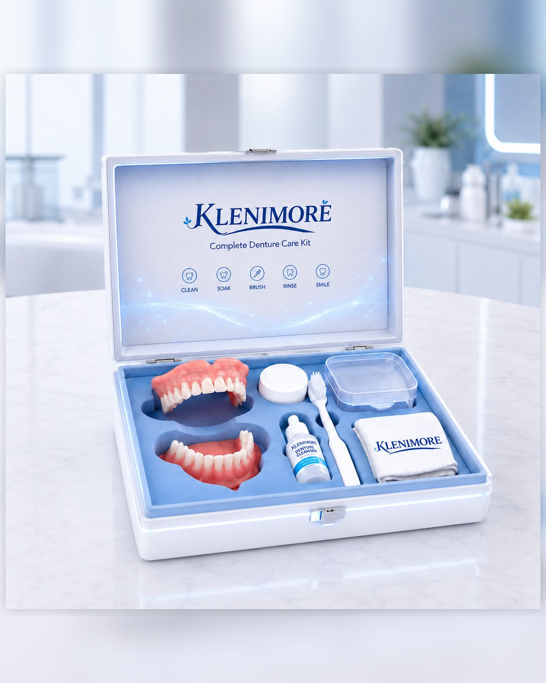 Premium full denture care set shown on the Mungqiet product page